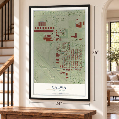 Calwa, California map, 24 x 36 inch print in a black frame by a staircase