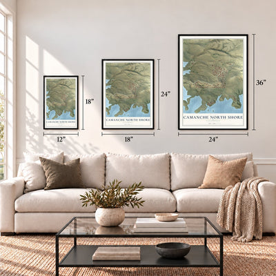 Camanche North Shore, California map in 12 x 18, 18 x 24 and 24 x 36 inch sizes above a sofa