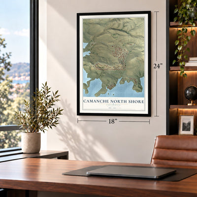 Camanche North Shore, California map, 18 x 24 inch print in a black frame in a home office