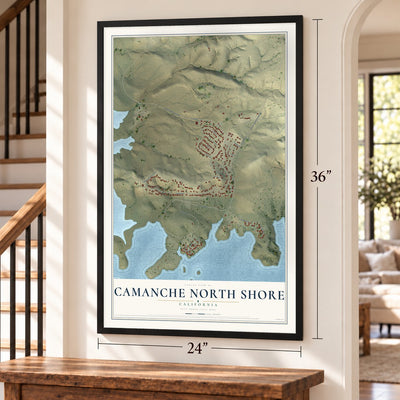 Camanche North Shore, California map, 24 x 36 inch print in a black frame by a staircase