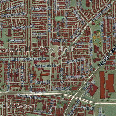 Close-up of the map of Camarillo, California print showing street and building detail