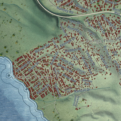 Close-up of the map of Cambria, California print showing street and building detail