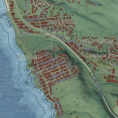 Second close-up of the map of Cambria, California print showing more streets and buildings