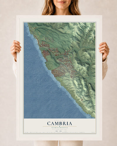 Map of Cambria, California, 24 x 36 inch print in a white wood frame