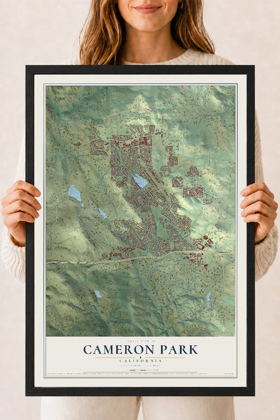 Map of Cameron Park, California, 18 x 24 inch print in a black wood frame
