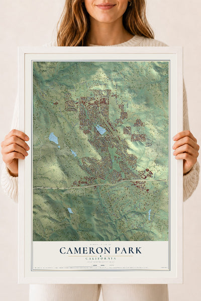 Map of Cameron Park, California, 18 x 24 inch print in a white wood frame