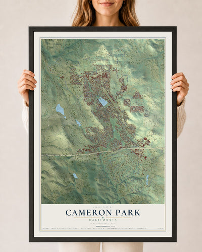 Map of Cameron Park, California, 24 x 36 inch print in a black wood frame