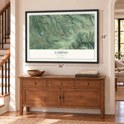 Camino, California map, 24 x 36 inch print in a black frame above a dresser by a staircase