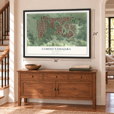 Camino Tassajara, California map, 24 x 36 inch print in a black frame above a dresser by a staircase