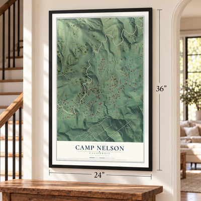 Camp Nelson, California map, 24 x 36 inch print in a black frame by a staircase