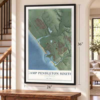 Camp Pendleton South, California map, 24 x 36 inch print in a black frame by a staircase