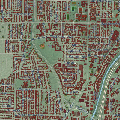Close-up of the map of Campbell, California print showing street and building detail