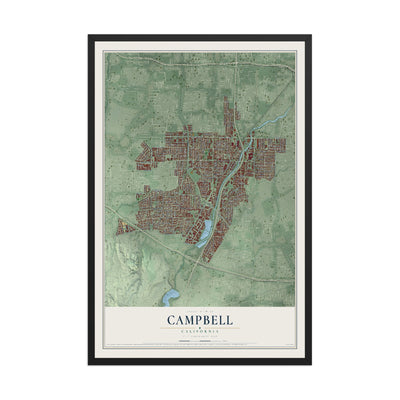 Map of Campbell, California, 12 x 18 inch print in a black wood frame