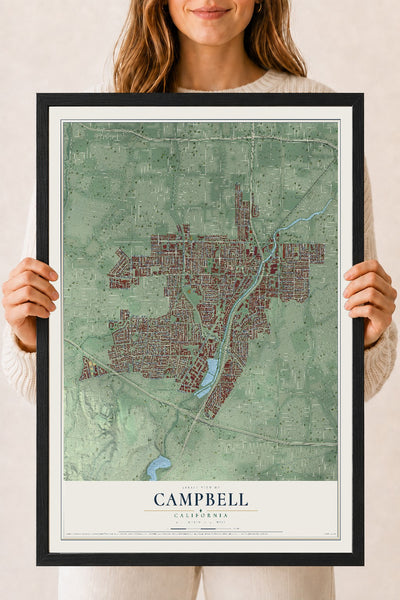 Map of Campbell, California, 18 x 24 inch print in a black wood frame