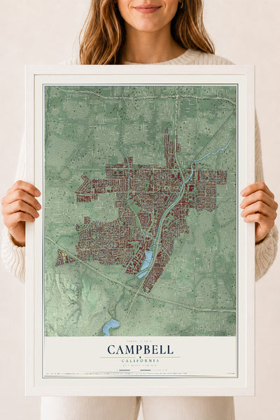 Map of Campbell, California, 18 x 24 inch print in a white wood frame