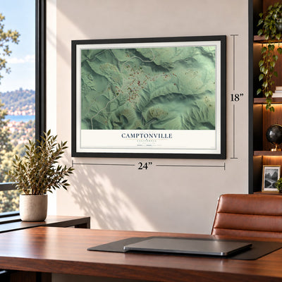 Camptonville, California map, 18 x 24 inch print in a black frame in a home office