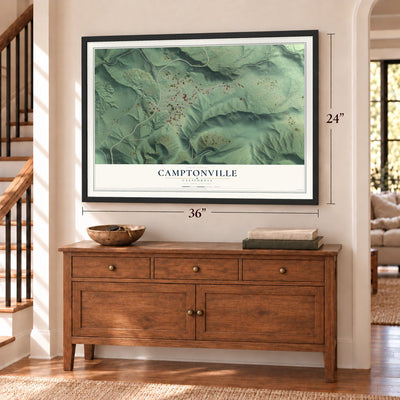 Camptonville, California map, 24 x 36 inch print in a black frame above a dresser by a staircase