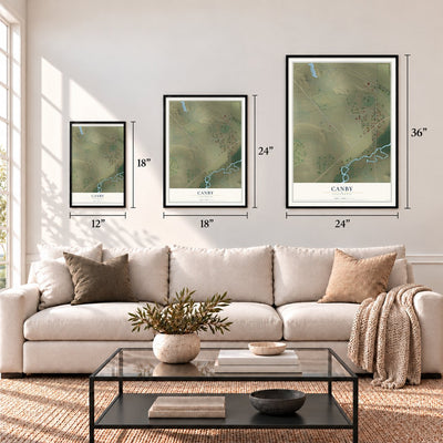 Canby, California map in 12 x 18, 18 x 24 and 24 x 36 inch sizes above a sofa