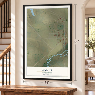 Canby, California map, 24 x 36 inch print in a black frame by a staircase