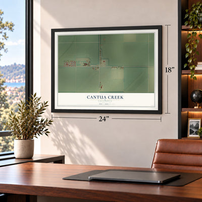 Cantua Creek, California map, 18 x 24 inch print in a black frame in a home office