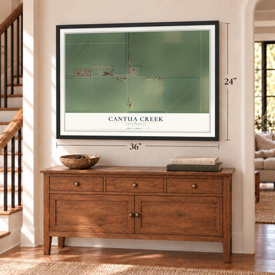 Cantua Creek, California map, 24 x 36 inch print in a black frame above a dresser by a staircase