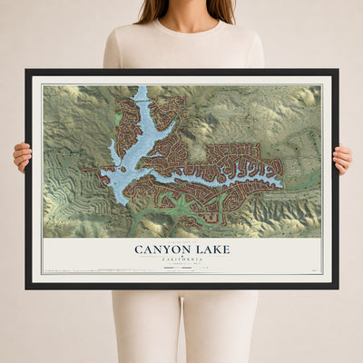 Map of Canyon Lake, California, 24 x 36 inch print in a black wood frame