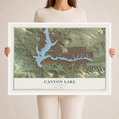 Map of Canyon Lake, California, 24 x 36 inch print in a white wood frame