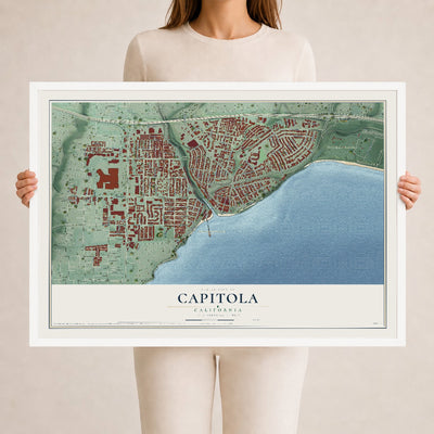 Map of Capitola, California, 24 x 36 inch print in a white wood frame