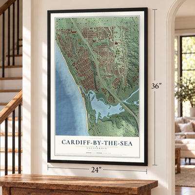 Cardiff-by-the-Sea, California map, 24 x 36 inch print in a black frame by a staircase
