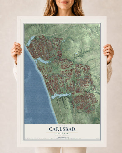 Map of Carlsbad, California, 24 x 36 inch print in a white wood frame