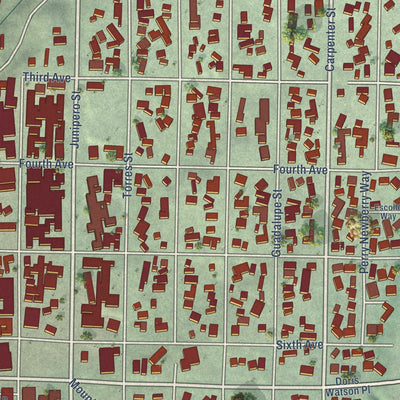 Close-up of the map of Carmel-by-the-Sea, California print showing street and building detail
