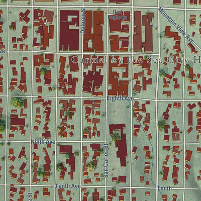 Second close-up of the map of Carmel-by-the-Sea, California print showing more streets and buildings