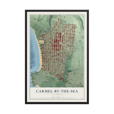 Map of Carmel-by-the-Sea, California, 12 x 18 inch print in a black wood frame