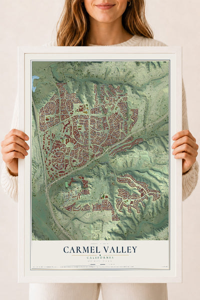 Map of Carmel Valley, California, 18 x 24 inch print in a white wood frame