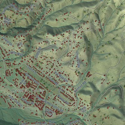 Close-up of the map of Carmel Valley Village, California print showing street and building detail