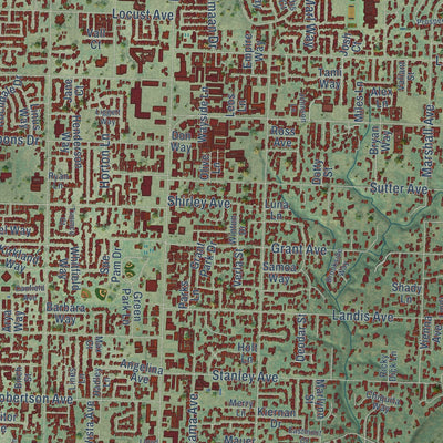 Second close-up of the map of Carmichael, California print showing more streets and buildings