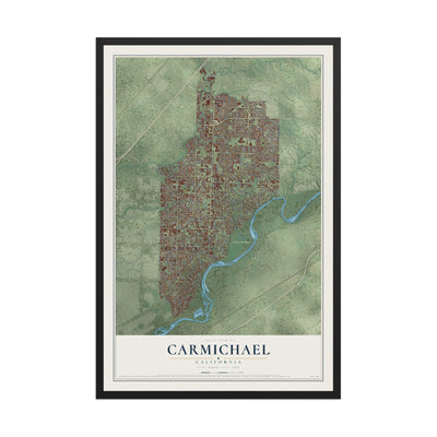 Map of Carmichael, California, 12 x 18 inch print in a black wood frame