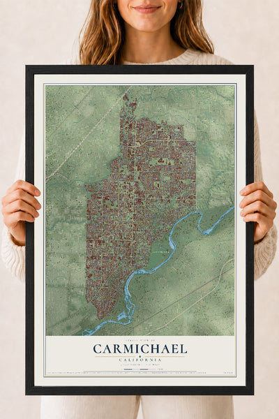 Map of Carmichael, California, 18 x 24 inch print in a black wood frame