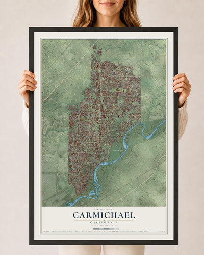 Map of Carmichael, California, 24 x 36 inch print in a black wood frame