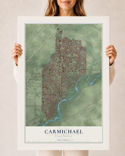 Map of Carmichael, California, 24 x 36 inch print in a white wood frame