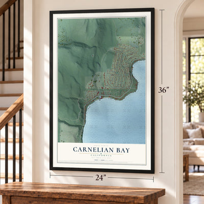 Carnelian Bay, California map, 24 x 36 inch print in a black frame by a staircase