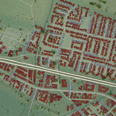 Second close-up of the map of Carpinteria, California print showing more streets and buildings