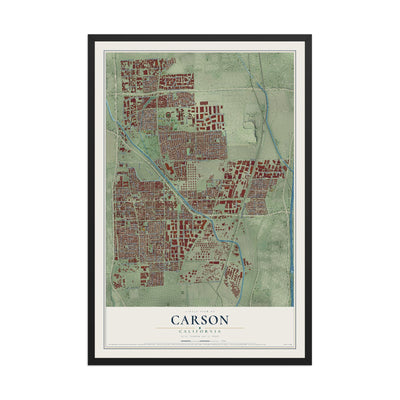 Map of Carson, California, 12 x 18 inch print in a black wood frame