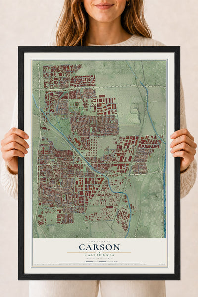 Map of Carson, California, 18 x 24 inch print in a black wood frame
