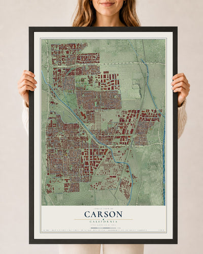 Map of Carson, California, 24 x 36 inch print in a black wood frame