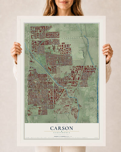 Map of Carson, California, 24 x 36 inch print in a white wood frame