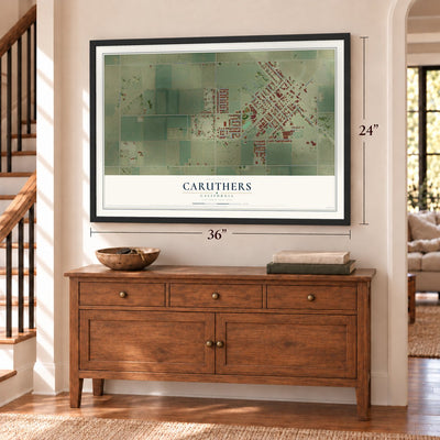 Caruthers, California map, 24 x 36 inch print in a black frame above a dresser by a staircase