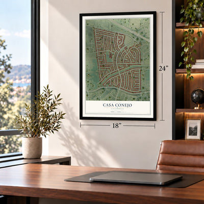 Casa Conejo, California map, 18 x 24 inch print in a black frame in a home office