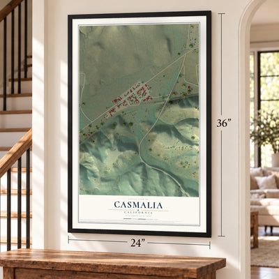 Casmalia, California map, 24 x 36 inch print in a black frame by a staircase