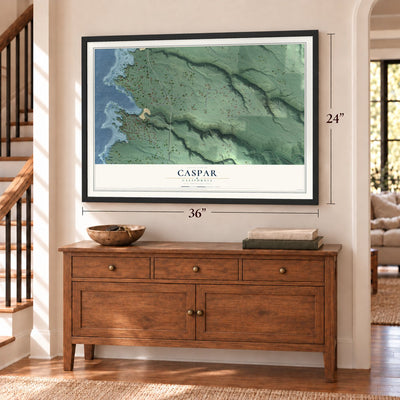 Caspar, California map, 24 x 36 inch print in a black frame above a dresser by a staircase